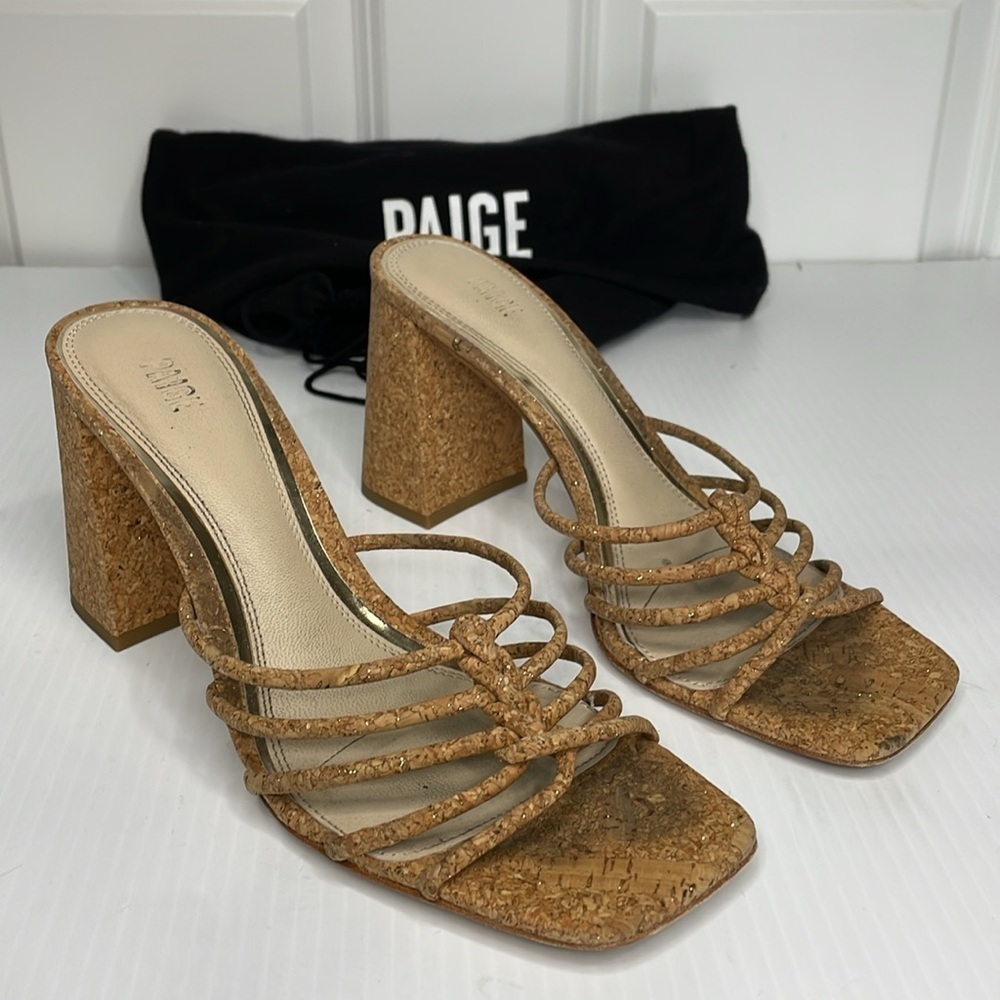 Paige Becca Block Heel Sandal Size 8 Tan Knot Strap Upper Gold Specs - Picture 2 of 14